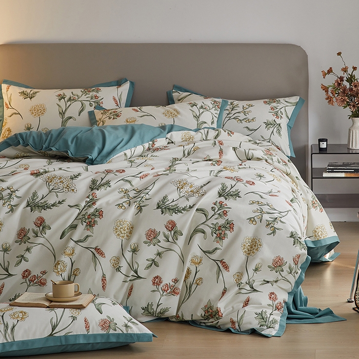 91家纺网 家纺一手货源 找家纺 千朵森 2025新款全棉高定印花磨毛拼角四件套-风格二 春晓