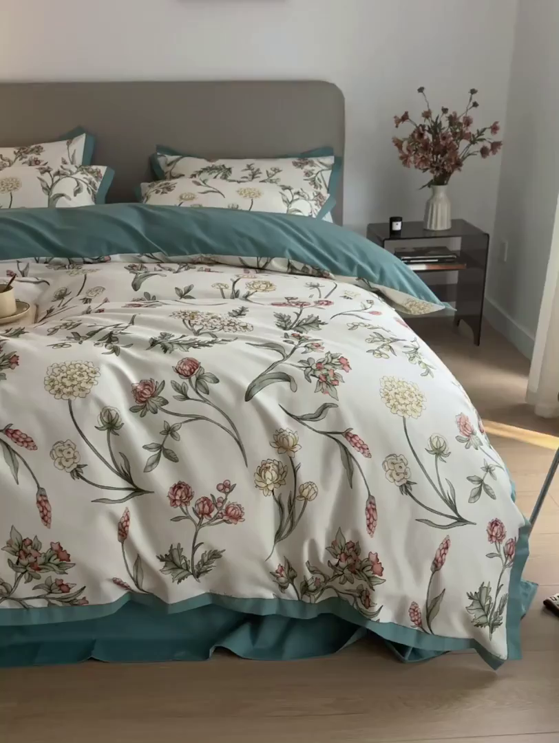 91家纺网 家纺一手货源 找家纺 千朵森 2025新款全棉高定印花磨毛拼角四件套-风格二 春晓