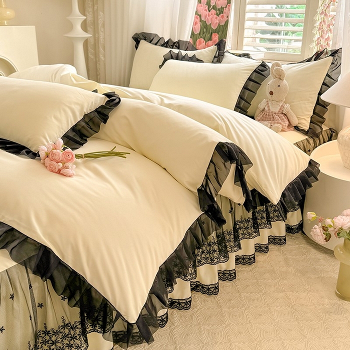 91家纺网 家纺一手货源 找家纺 唐人居 2025新款韩式花边亲肤四件套--相遇系列 相遇-奶昔白