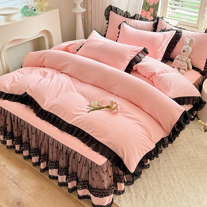 91家纺网 家纺一手货源 找家纺 唐人居 2025新款韩式花边亲肤四件套--相遇系列 相遇-奶油粉