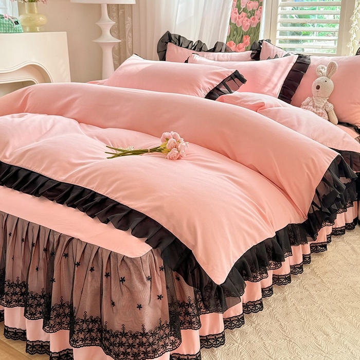 91家纺网 家纺一手货源 找家纺 唐人居 2025新款韩式花边亲肤四件套--相遇系列 相遇-奶油粉