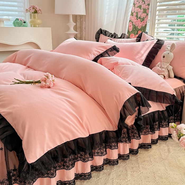 91家纺网 家纺一手货源 找家纺 唐人居 2025新款韩式花边亲肤四件套--相遇系列 相遇-奶油粉