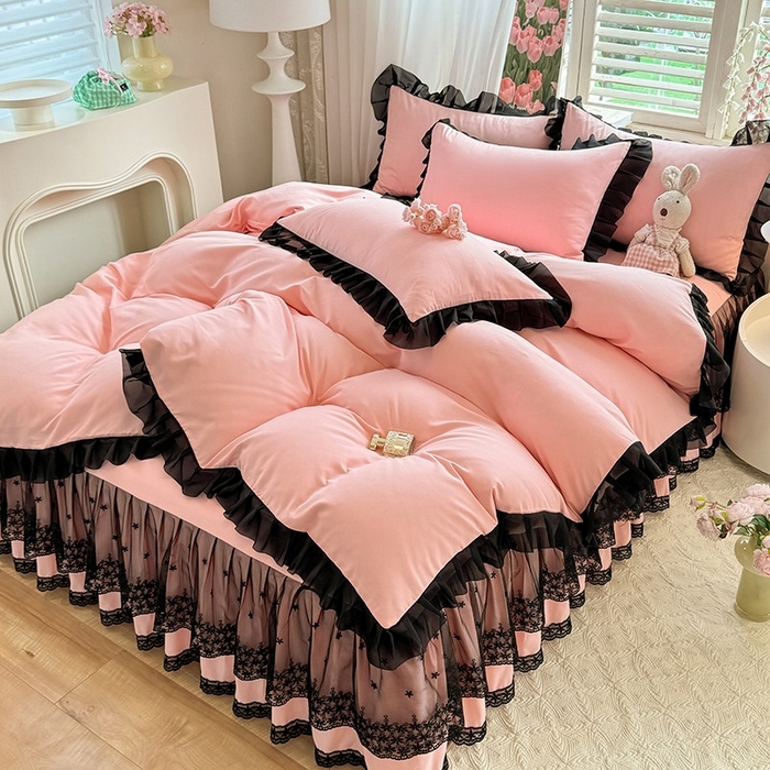 91家纺网 家纺一手货源 找家纺 唐人居 2025新款韩式花边亲肤四件套--相遇系列 相遇-奶油粉