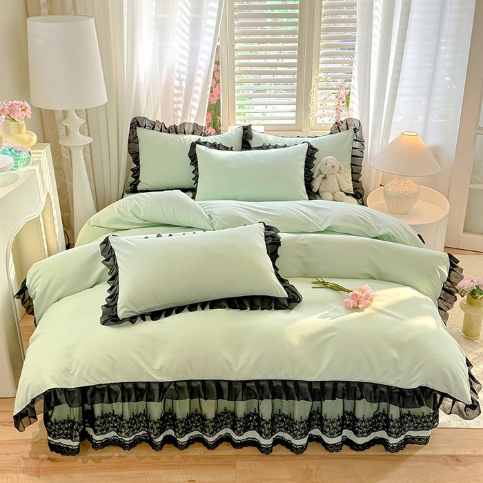 91家纺网 家纺一手货源 找家纺 唐人居 2025新款韩式花边亲肤四件套--相遇系列 相遇-繁星绿