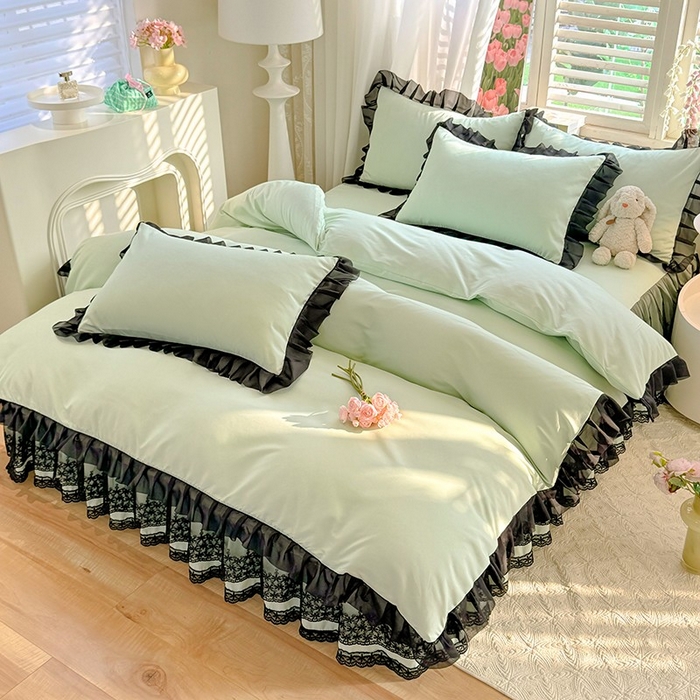 91家纺网 家纺一手货源 找家纺 唐人居 2025新款韩式花边亲肤四件套--相遇系列 相遇-繁星绿