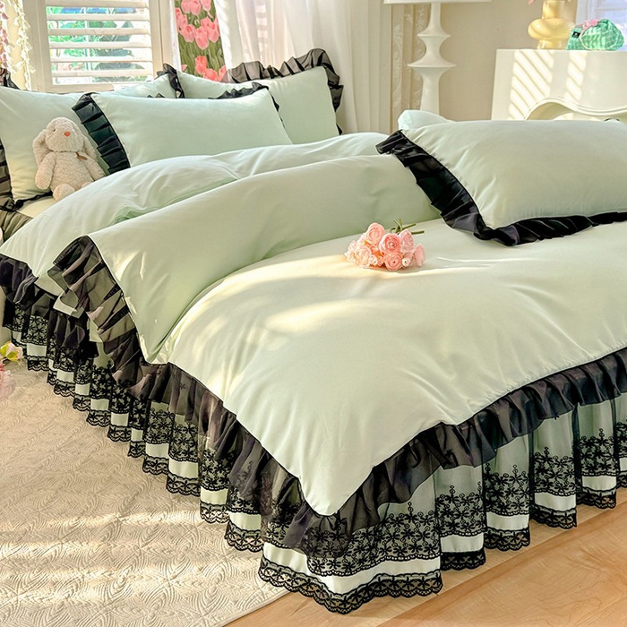 91家纺网 家纺一手货源 找家纺 唐人居 2025新款韩式花边亲肤四件套--相遇系列 相遇-繁星绿