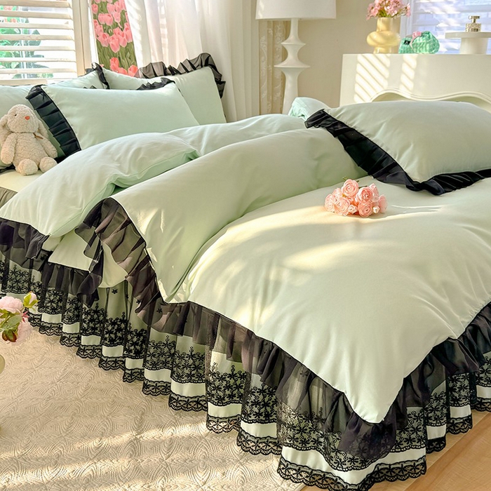 91家纺网 家纺一手货源 找家纺 唐人居 2025新款韩式花边亲肤四件套--相遇系列 相遇-繁星绿