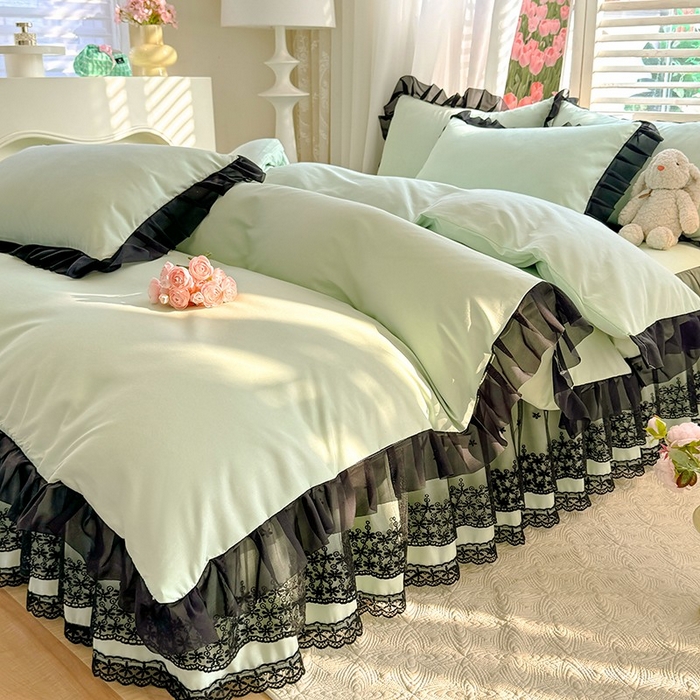 91家纺网 家纺一手货源 找家纺 唐人居 2025新款韩式花边亲肤四件套--相遇系列 相遇-繁星绿