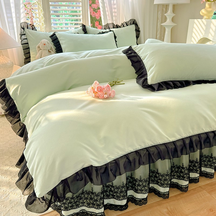 91家纺网 家纺一手货源 找家纺 唐人居 2025新款韩式花边亲肤四件套--相遇系列 相遇-繁星绿