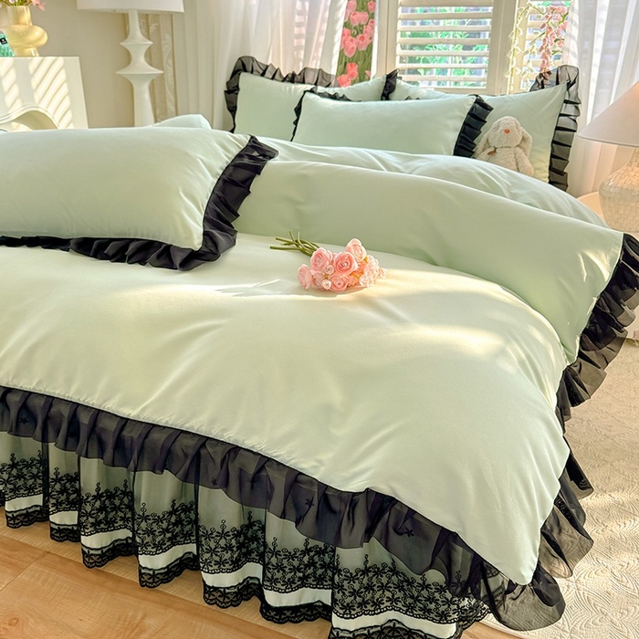 91家纺网 家纺一手货源 找家纺 唐人居 2025新款韩式花边亲肤四件套--相遇系列 相遇-繁星绿