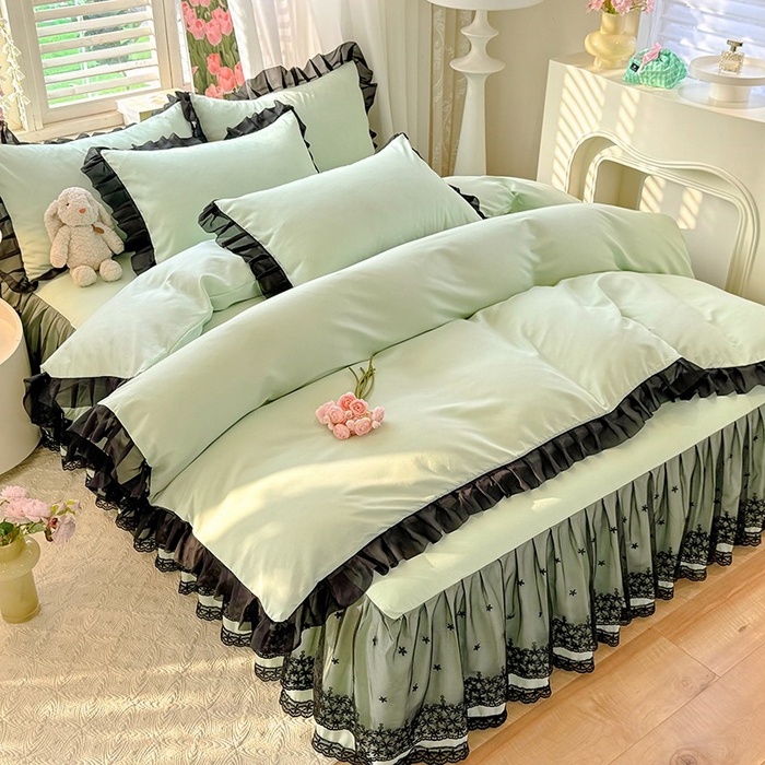 91家纺网 家纺一手货源 找家纺 唐人居 2025新款韩式花边亲肤四件套--相遇系列 相遇-繁星绿