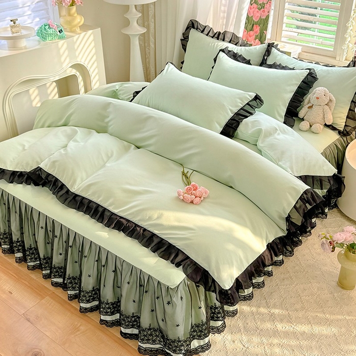 91家纺网 家纺一手货源 找家纺 唐人居 2025新款韩式花边亲肤四件套--相遇系列 相遇-繁星绿