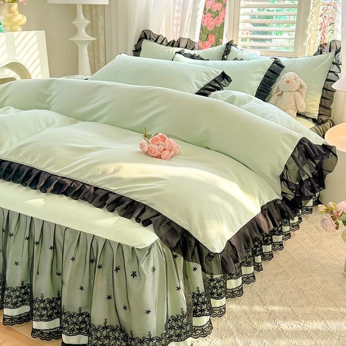 91家纺网 家纺一手货源 找家纺 唐人居 2025新款韩式花边亲肤四件套--相遇系列 相遇-繁星绿