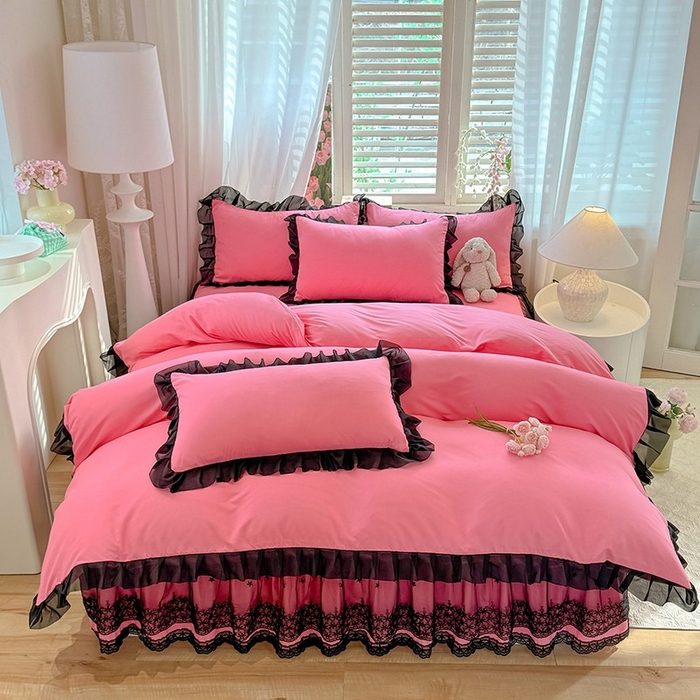 91家纺网 家纺一手货源 找家纺 唐人居 2025新款韩式花边亲肤四件套--相遇系列 相遇-玫红