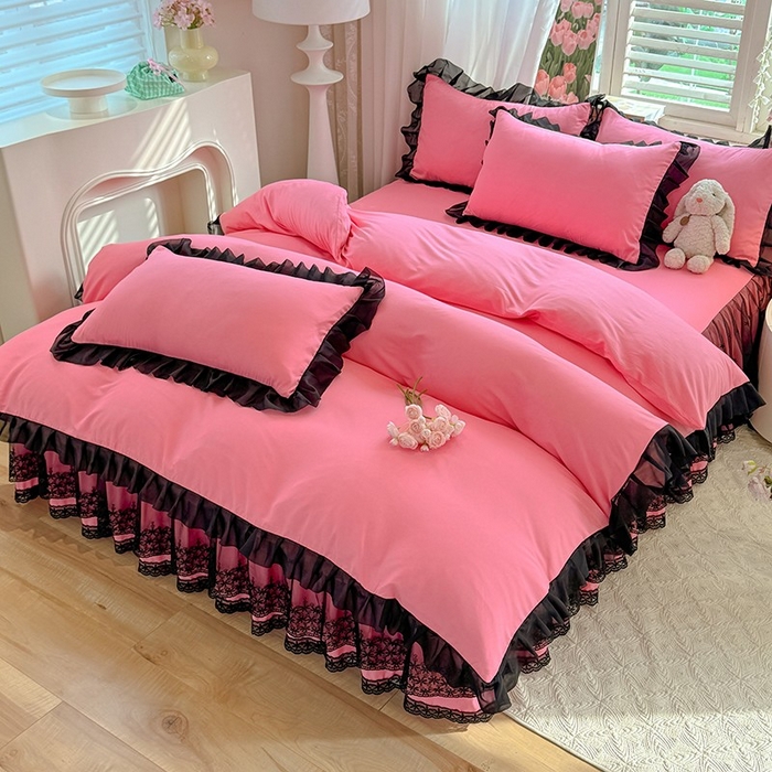 91家纺网 家纺一手货源 找家纺 唐人居 2025新款韩式花边亲肤四件套--相遇系列 相遇-玫红