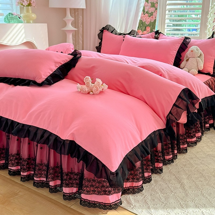 91家纺网 家纺一手货源 找家纺 唐人居 2025新款韩式花边亲肤四件套--相遇系列 相遇-玫红