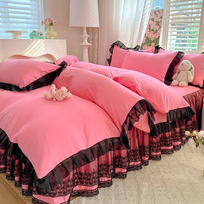 91家纺网 家纺一手货源 找家纺 唐人居 2025新款韩式花边亲肤四件套--相遇系列 相遇-玫红