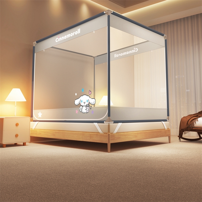 91家纺网 家纺一手货源 找家纺 佳梦家纺 2025新款三丽鸥坐床蚊帐 奶茶玉桂-灰