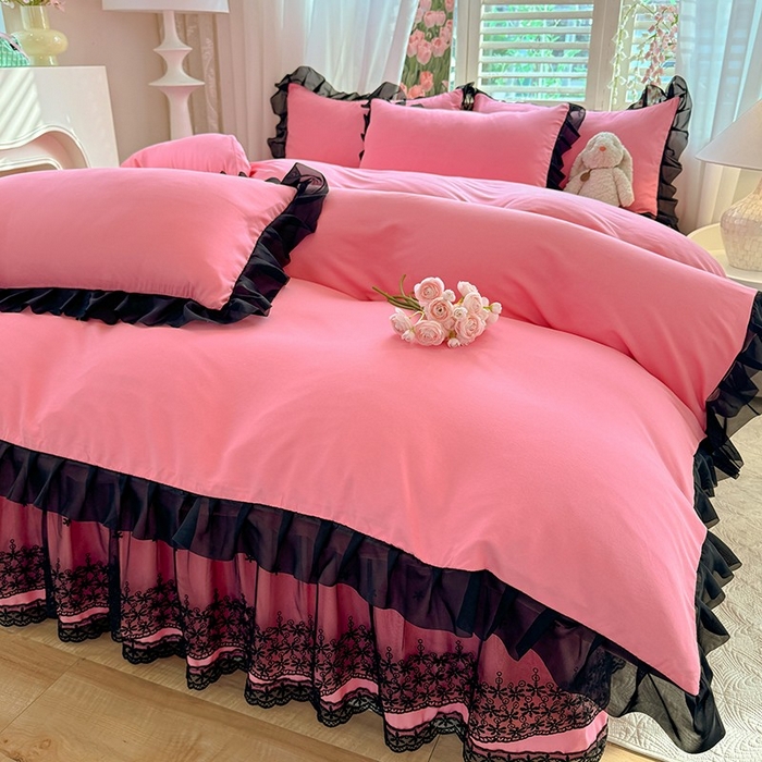 91家纺网 家纺一手货源 找家纺 唐人居 2025新款韩式花边亲肤四件套--相遇系列 相遇-玫红