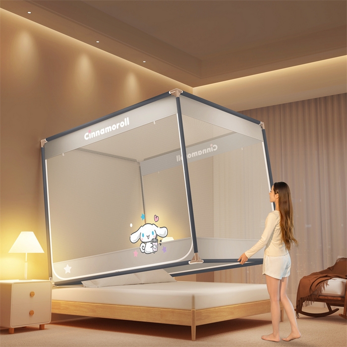 91家纺网 家纺一手货源 找家纺 佳梦家纺 2025新款三丽鸥坐床蚊帐 奶茶玉桂-灰