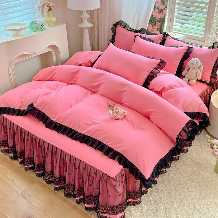 91家纺网 家纺一手货源 找家纺 唐人居 2025新款韩式花边亲肤四件套--相遇系列 相遇-玫红