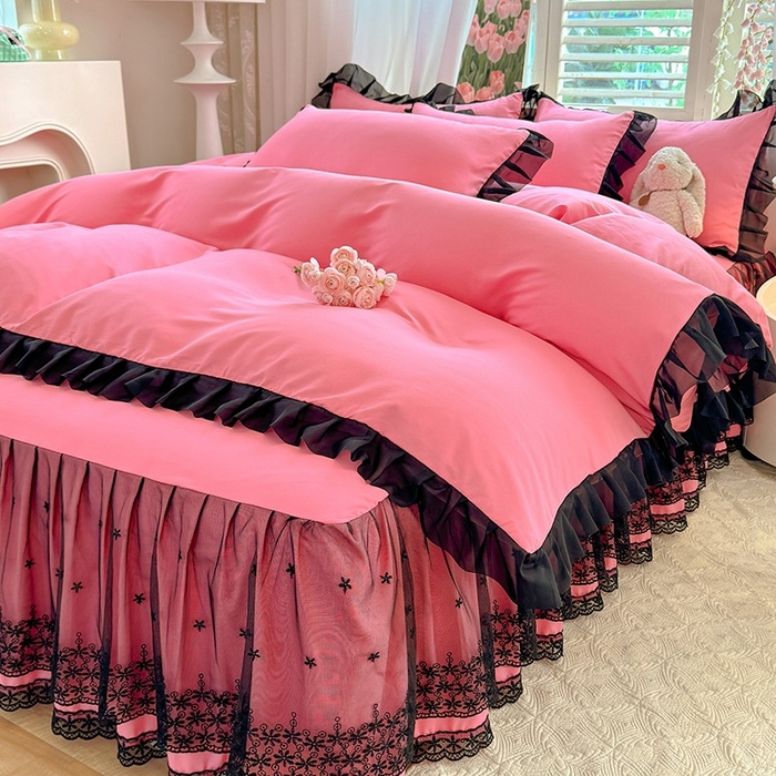 91家纺网 家纺一手货源 找家纺 唐人居 2025新款韩式花边亲肤四件套--相遇系列 相遇-玫红