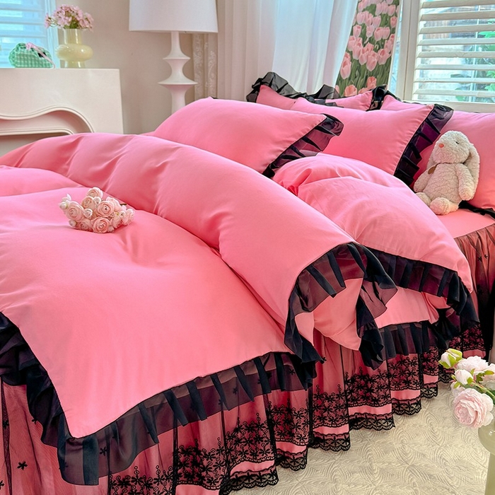 91家纺网 家纺一手货源 找家纺 唐人居 2025新款韩式花边亲肤四件套--相遇系列 相遇-玫红