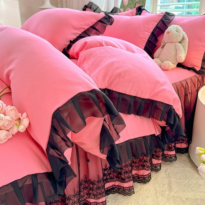 91家纺网 家纺一手货源 找家纺 唐人居 2025新款韩式花边亲肤四件套--相遇系列 相遇-玫红