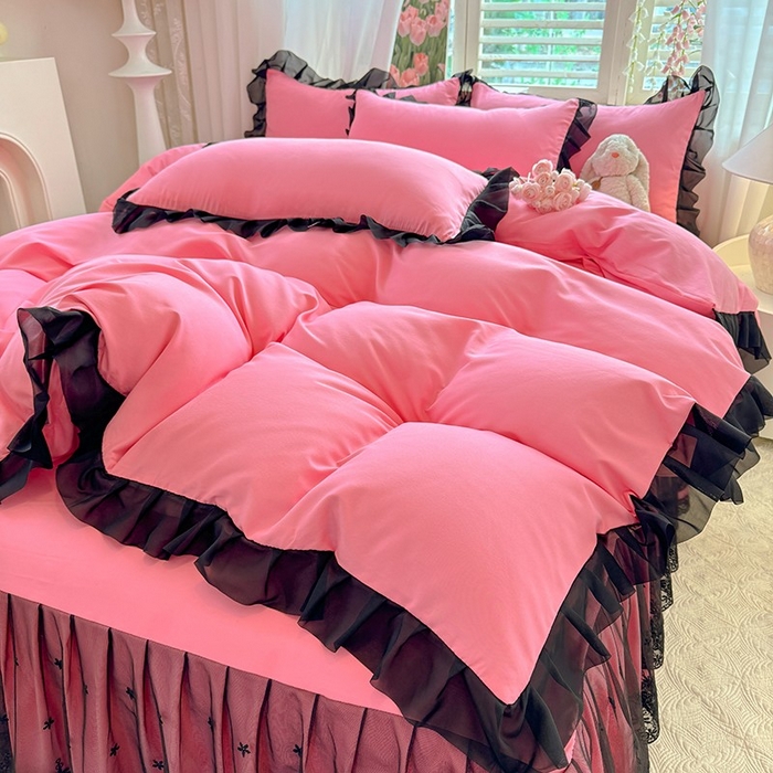 91家纺网 家纺一手货源 找家纺 唐人居 2025新款韩式花边亲肤四件套--相遇系列 相遇-玫红