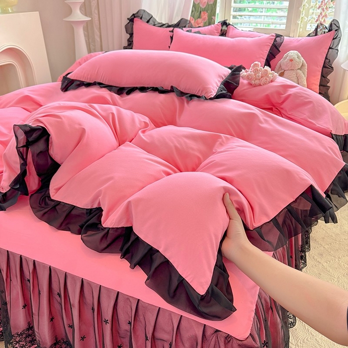 91家纺网 家纺一手货源 找家纺 唐人居 2025新款韩式花边亲肤四件套--相遇系列 相遇-玫红