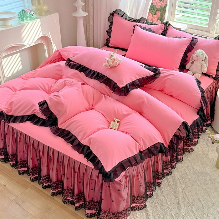 91家纺网 家纺一手货源 找家纺 唐人居 2025新款韩式花边亲肤四件套--相遇系列 相遇-玫红