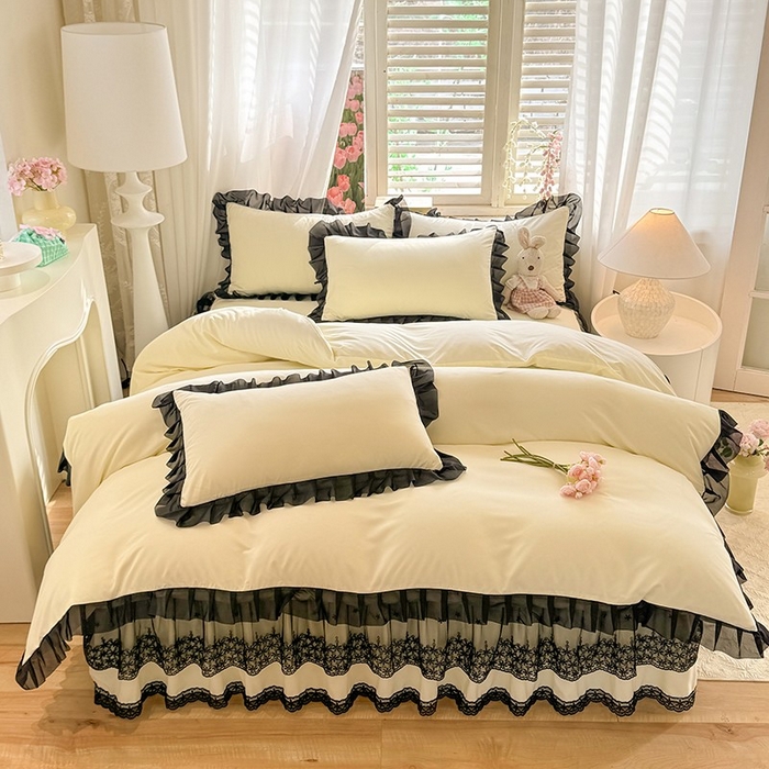 91家纺网 家纺一手货源 找家纺 唐人居 2025新款韩式花边亲肤四件套--相遇系列 相遇-奶昔白