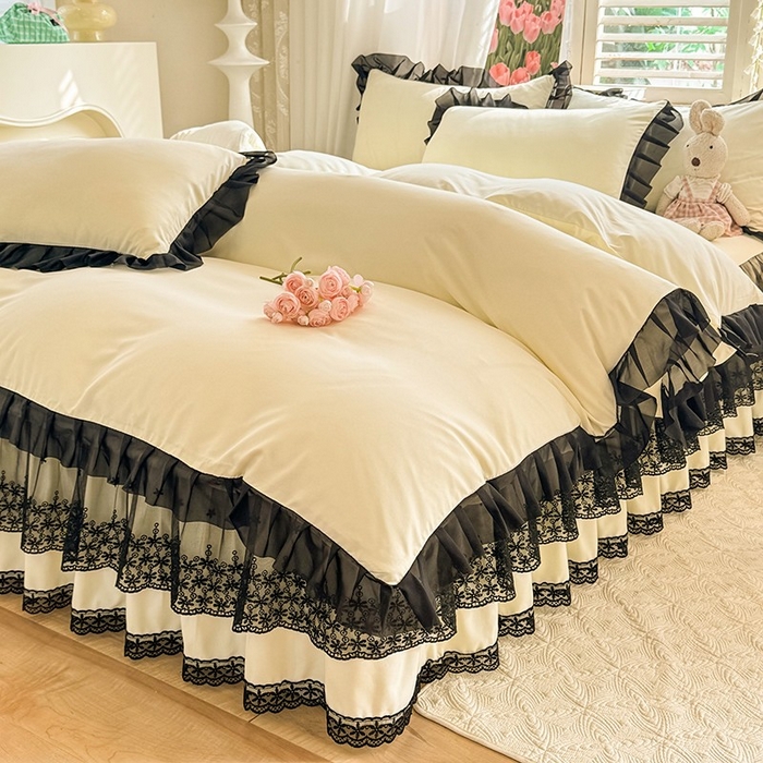 91家纺网 家纺一手货源 找家纺 唐人居 2025新款韩式花边亲肤四件套--相遇系列 相遇-奶昔白