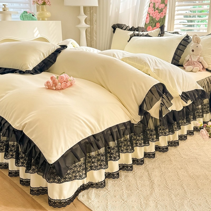 91家纺网 家纺一手货源 找家纺 唐人居 2025新款韩式花边亲肤四件套--相遇系列 相遇-奶昔白