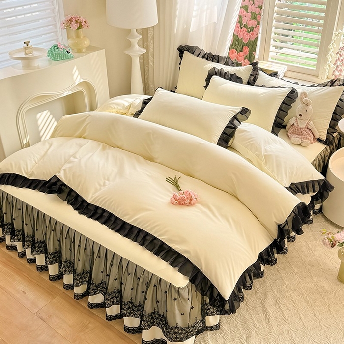 91家纺网 家纺一手货源 找家纺 唐人居 2025新款韩式花边亲肤四件套--相遇系列 相遇-奶昔白