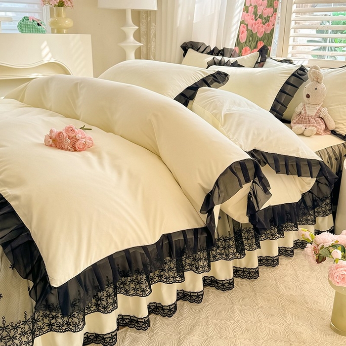 91家纺网 家纺一手货源 找家纺 唐人居 2025新款韩式花边亲肤四件套--相遇系列 相遇-奶昔白