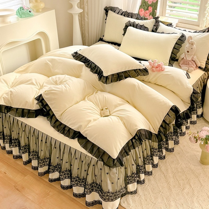 91家纺网 家纺一手货源 找家纺 唐人居 2025新款韩式花边亲肤四件套--相遇系列 相遇-奶昔白