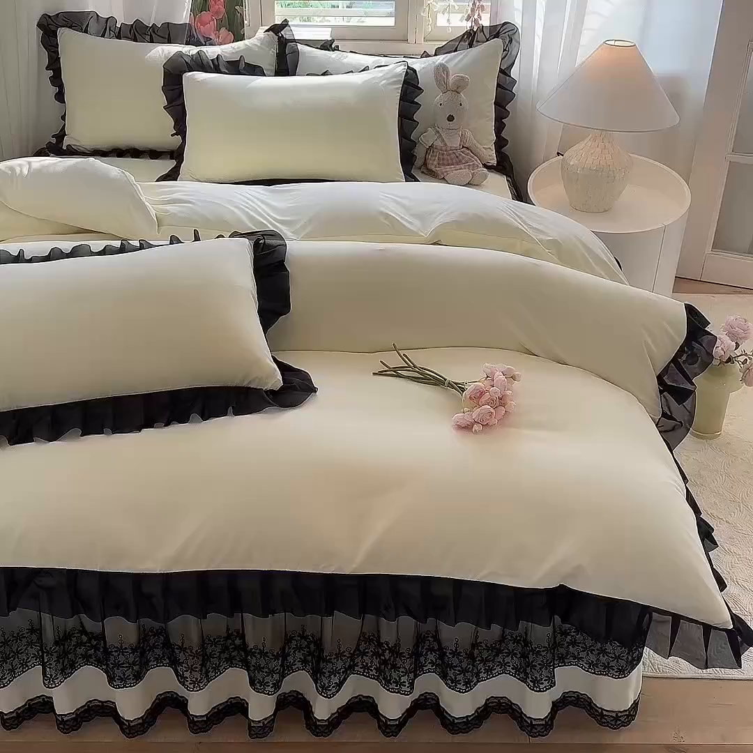 91家纺网 家纺一手货源 找家纺 唐人居 2025新款韩式花边亲肤四件套--相遇系列 相遇-奶昔白