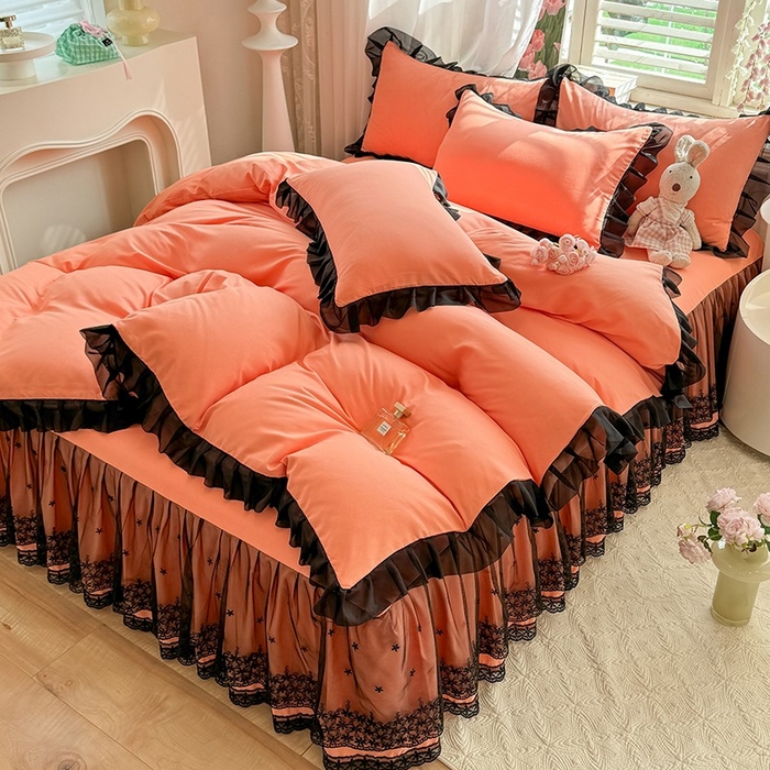 91家纺网 家纺一手货源 找家纺 唐人居 2025新款韩式花边亲肤四件套--相遇系列 相遇-暖橘