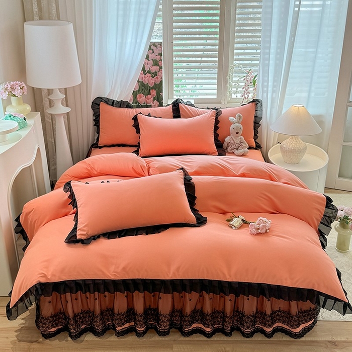 91家纺网 家纺一手货源 找家纺 唐人居 2025新款韩式花边亲肤四件套--相遇系列 相遇-暖橘