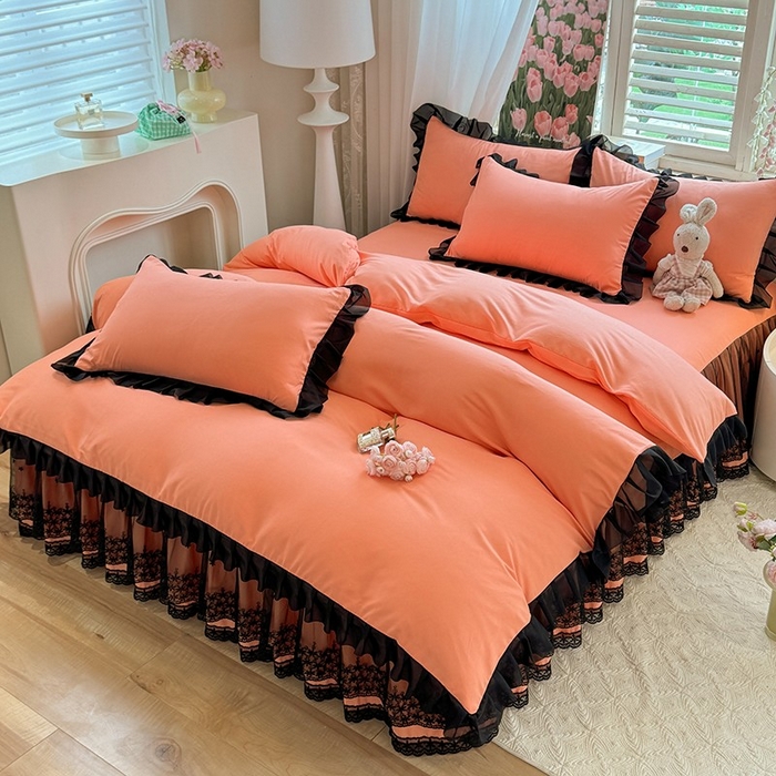 91家纺网 家纺一手货源 找家纺 唐人居 2025新款韩式花边亲肤四件套--相遇系列 相遇-暖橘