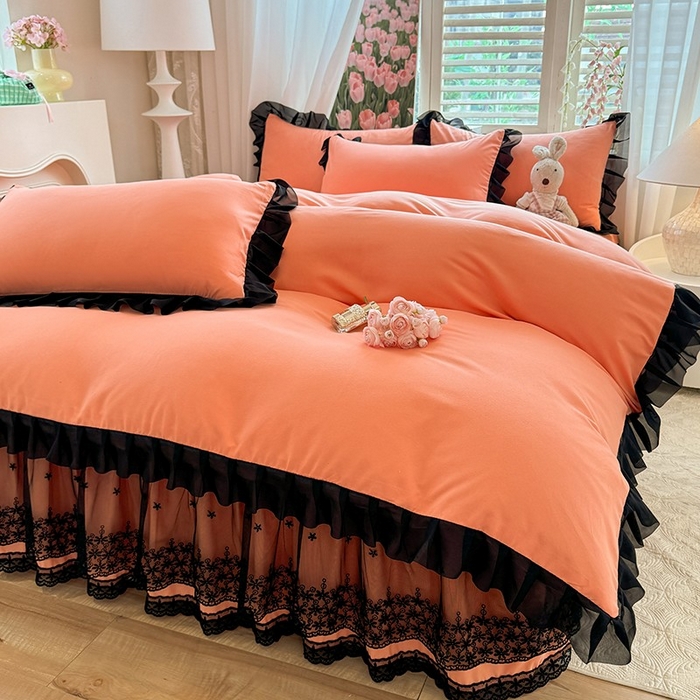 91家纺网 家纺一手货源 找家纺 唐人居 2025新款韩式花边亲肤四件套--相遇系列 相遇-暖橘