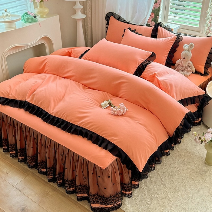 91家纺网 家纺一手货源 找家纺 唐人居 2025新款韩式花边亲肤四件套--相遇系列 相遇-暖橘