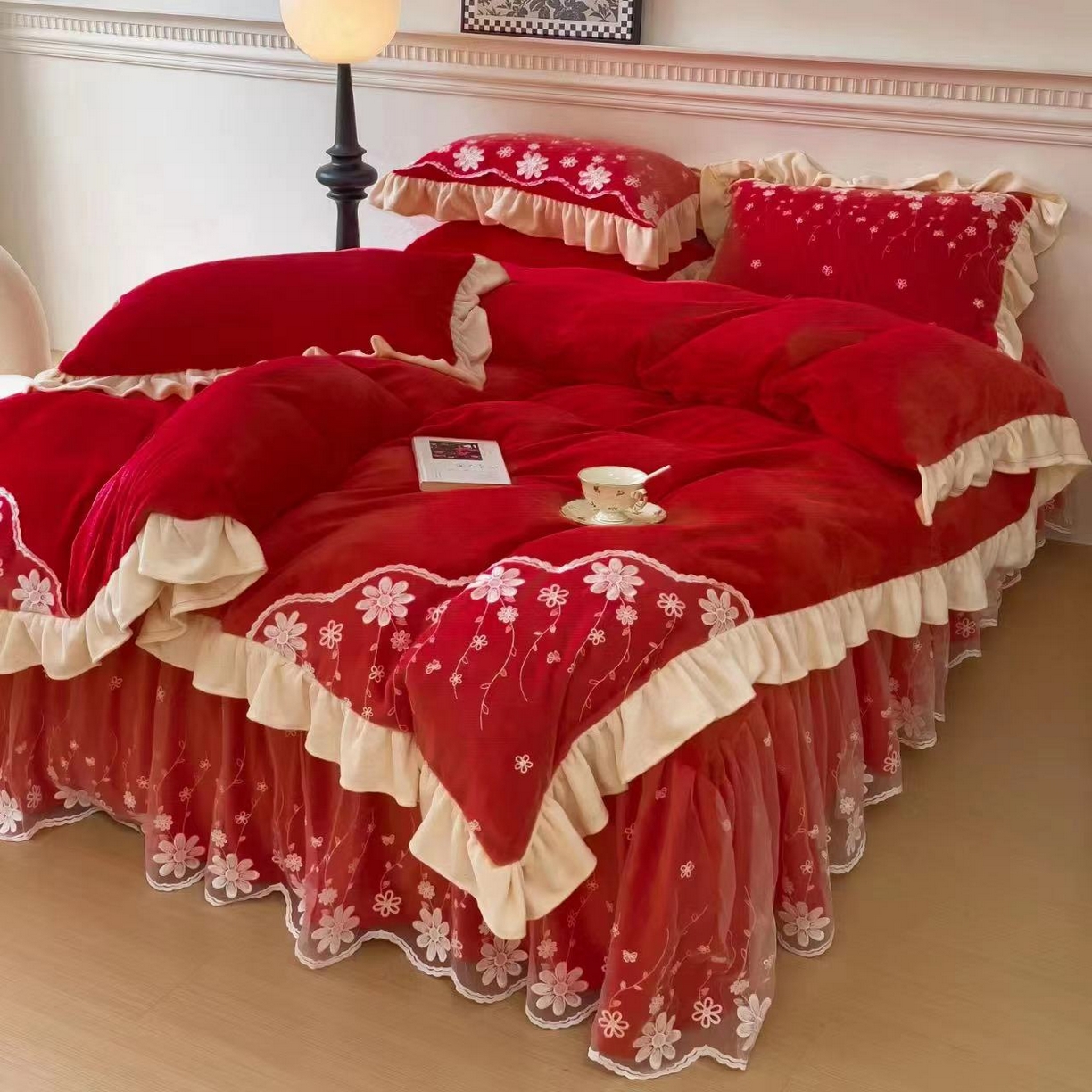 睡美人 2025新款牛奶绒蕾丝款床裙四件套花仙子系列 花仙子-中国红（拼白蕾丝）