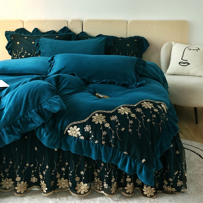 91家纺网 家纺一手货源 找家纺 睡美人 2025新款牛奶绒蕾丝款床裙四件套花仙子系列 花仙子-孔雀绿