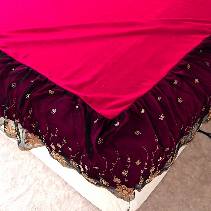 91家纺网 家纺一手货源 找家纺 睡美人 2025新款牛奶绒蕾丝款床裙四件套花仙子系列 花仙子-酒红色