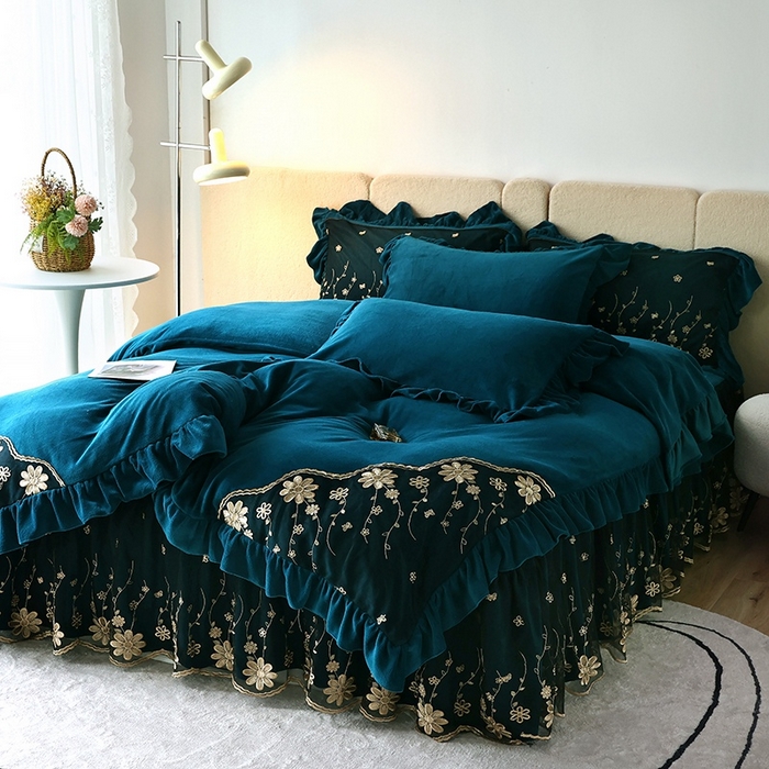 睡美人 2025新款牛奶绒蕾丝款床裙四件套花仙子系列 花仙子-孔雀绿