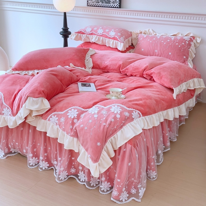 睡美人 2025新款牛奶绒蕾丝款床裙四件套花仙子系列 花仙子-石榴红
