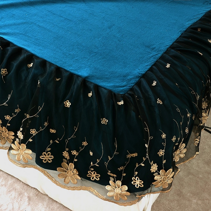 91家纺网 家纺一手货源 找家纺 睡美人 2025新款牛奶绒蕾丝款床裙四件套花仙子系列 花仙子-孔雀绿