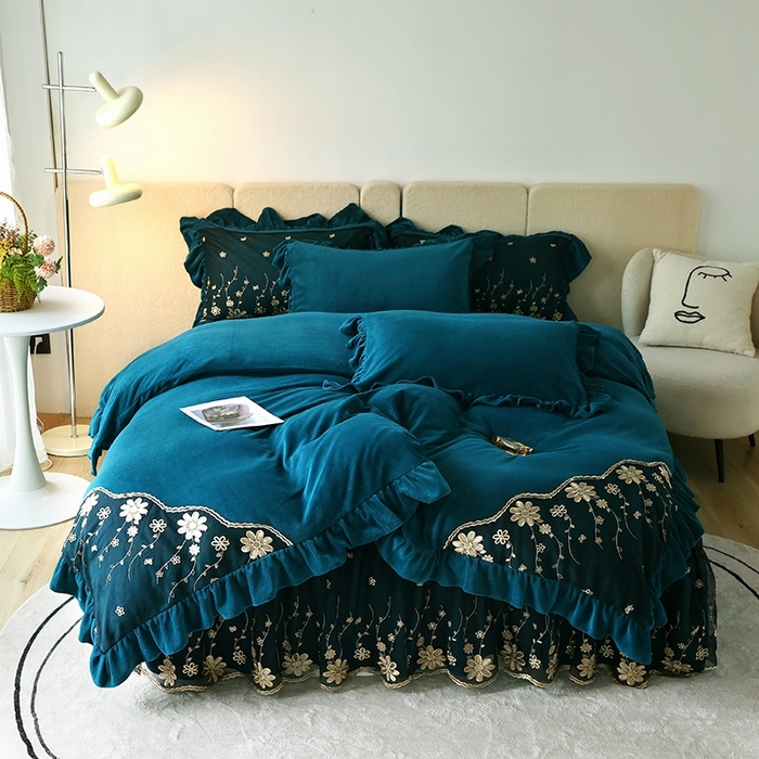 91家纺网 家纺一手货源 找家纺 睡美人 2025新款牛奶绒蕾丝款床裙四件套花仙子系列 花仙子-孔雀绿